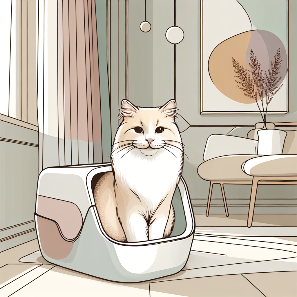 Chat utilisant une litière automatique moderne dans un intérieur contemporain et lumineux