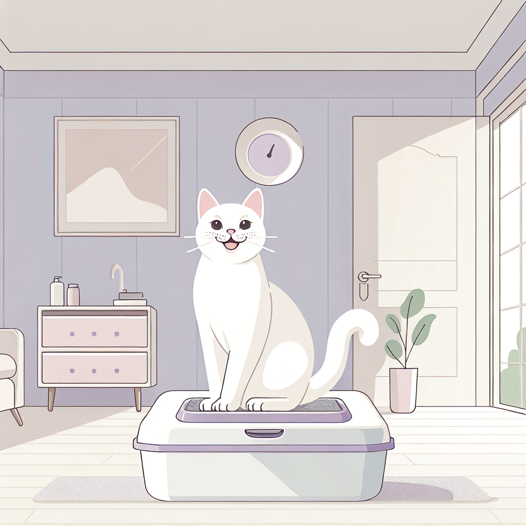 Chat tigré assis à côté d'une litière automatique moderne dans un intérieur propre et lumineux
