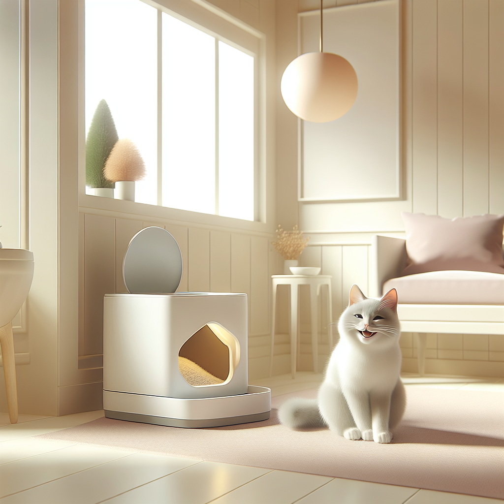 Chat gris tigré utilisant confortablement un bac à litière couvert moderne dans un intérieur contemporain et lumineux