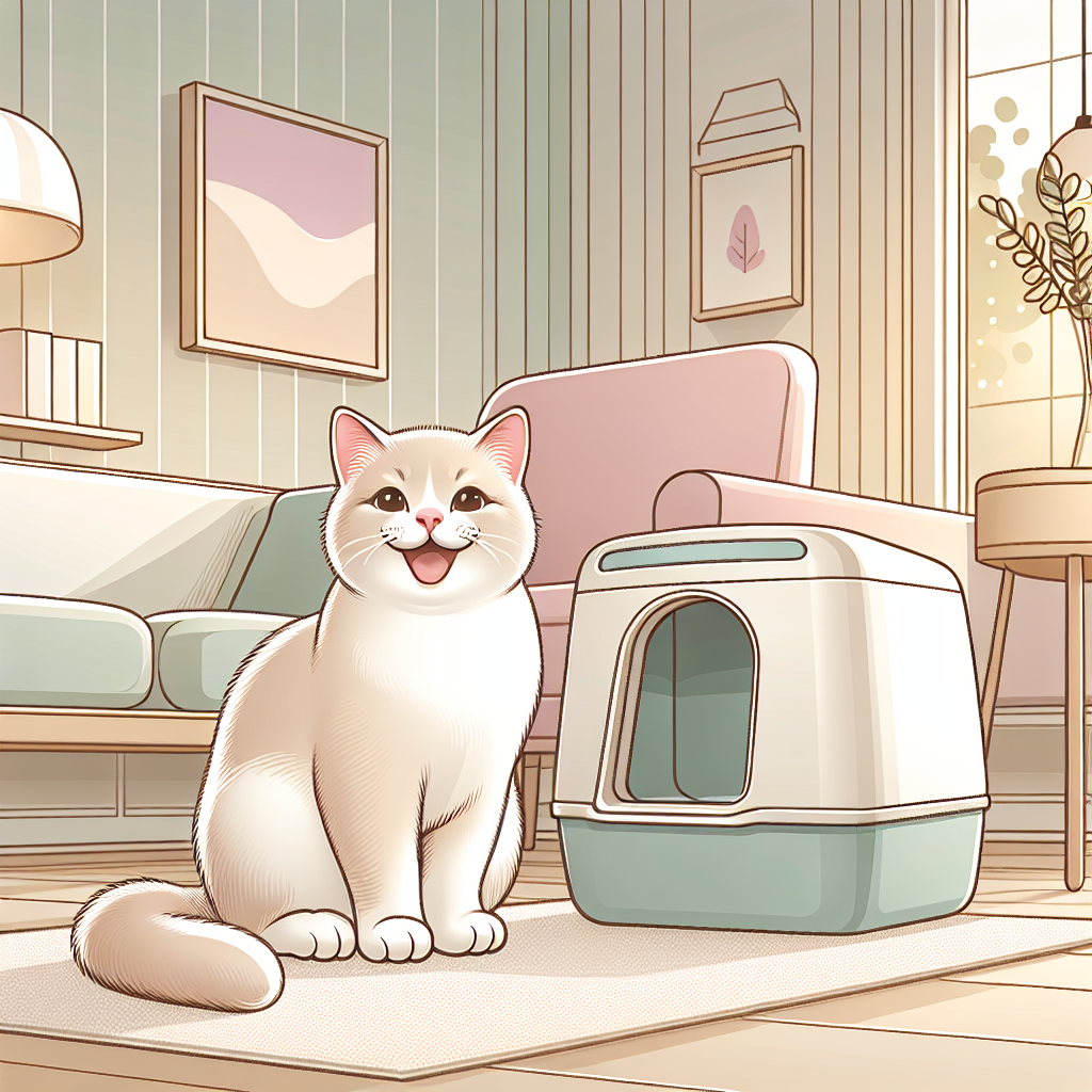 Chat tigré utilisant paisiblement une litière automatique moderne dans un intérieur chaleureux et propre