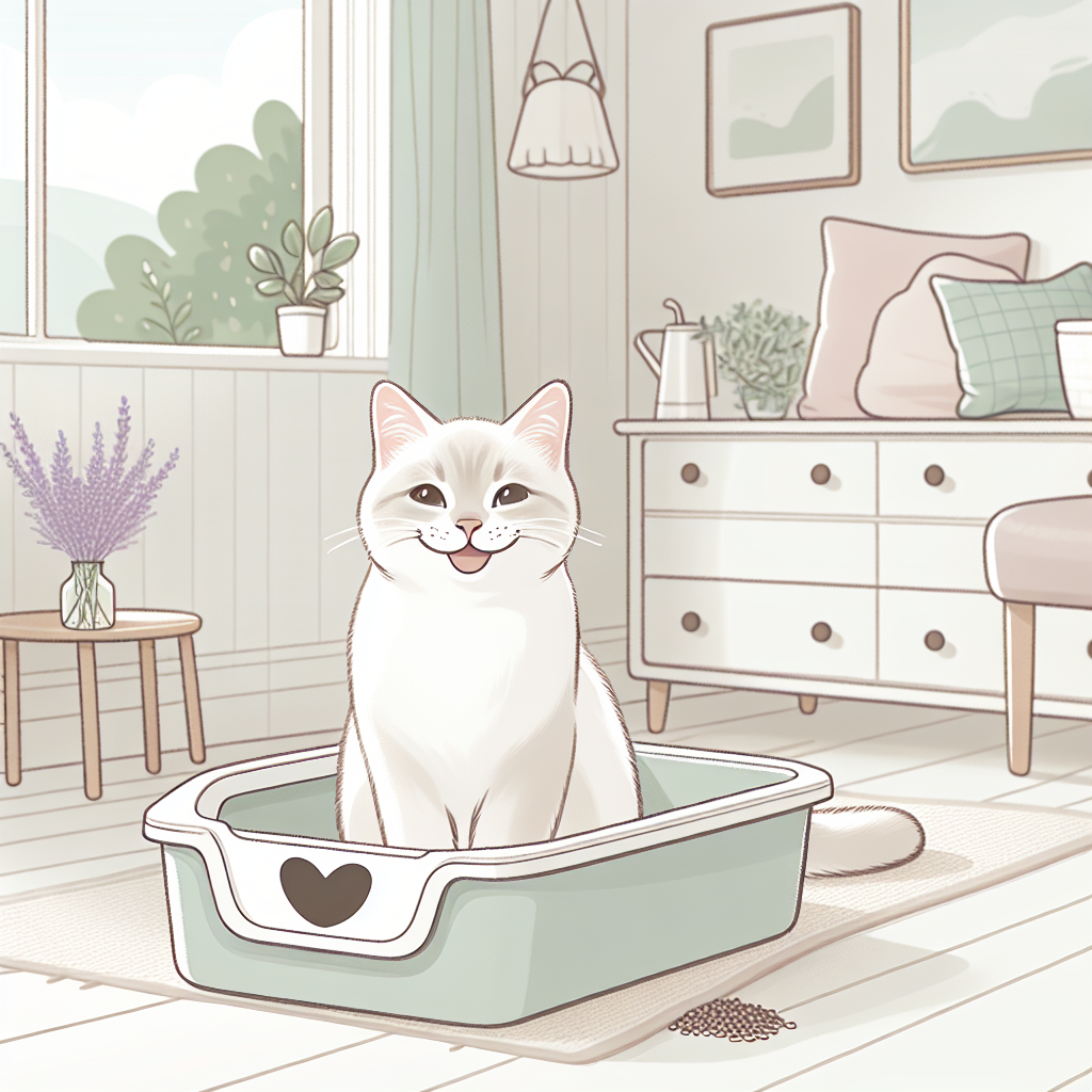 Chat tigré utilisant une litière automatique moderne dans un intérieur contemporain et lumineux