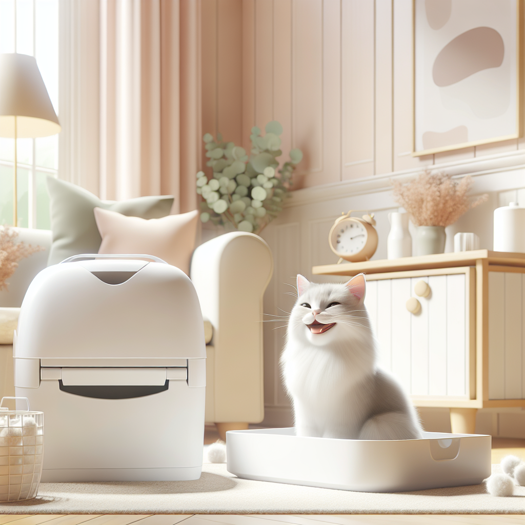 Chat tigré utilisant une litière automatique moderne dans un intérieur lumineux et propre