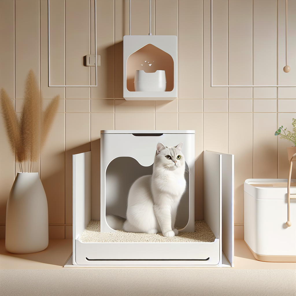 Chat tigré utilisant une litière automatique moderne dans un intérieur contemporain et lumineux