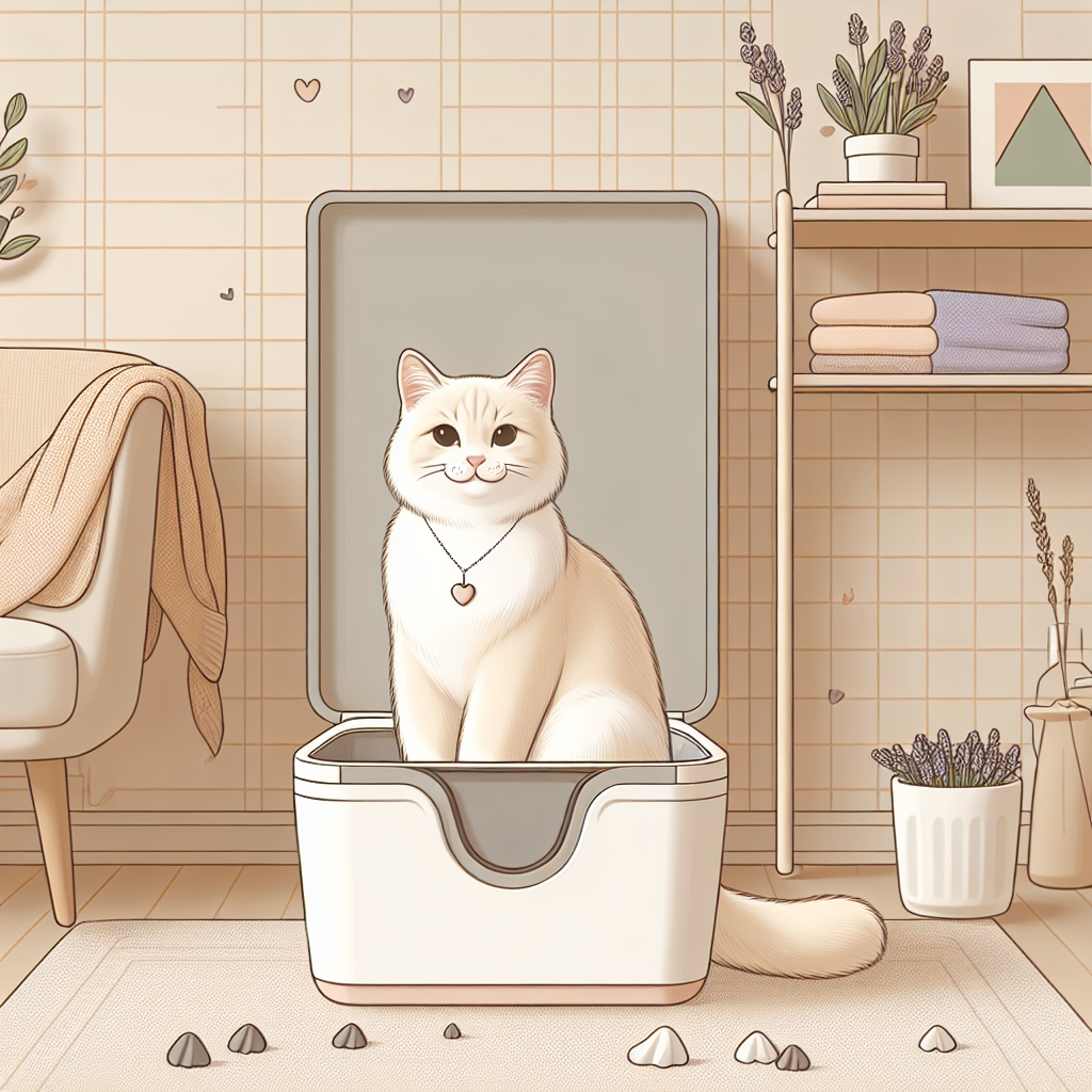 Chat moderne utilisant une litière automatique dans un intérieur contemporain et propre