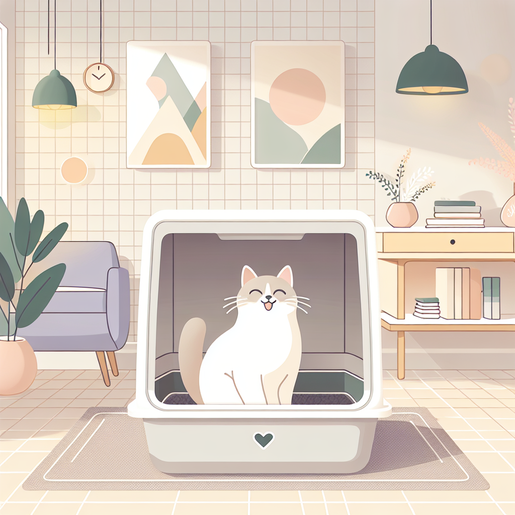 Plusieurs chats utilisant paisiblement une litière automatique moderne dans un intérieur contemporain et lumineux