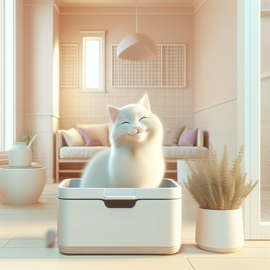 Chat tigré utilisant une litière automatique moderne dans un intérieur contemporain et lumineux