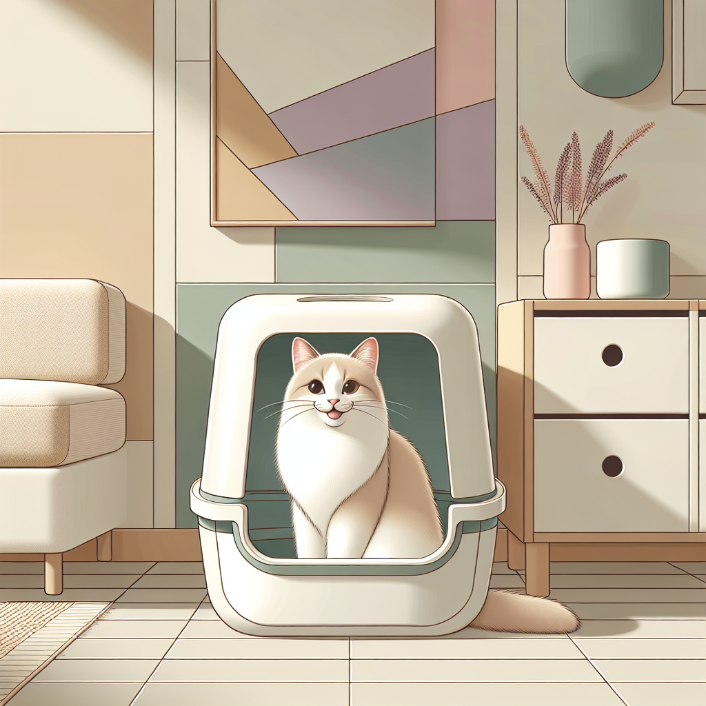 Chat curieux observant une litière automatique moderne dans un intérieur épuré et lumineux