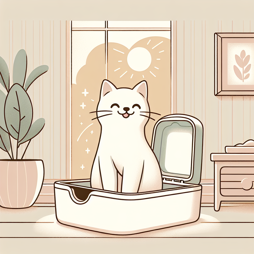 Chat gris utilisant une litière automatique moderne dans un intérieur contemporain et lumineux