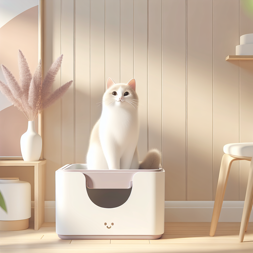 Chat tigré grattant dans une litière automatique moderne dans un intérieur contemporain