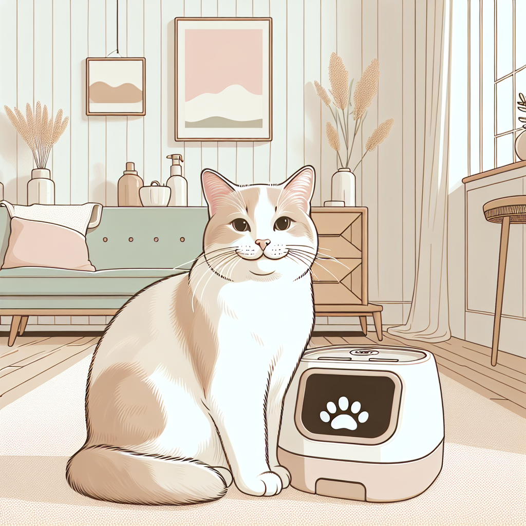 Chat tigré observant prudemment une litière automatique moderne dans un intérieur contemporain