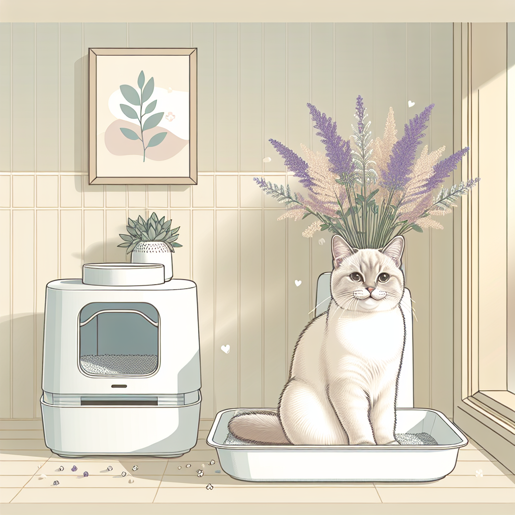 Chat curieux explorant une litière automatique moderne dans un intérieur contemporain et lumineux