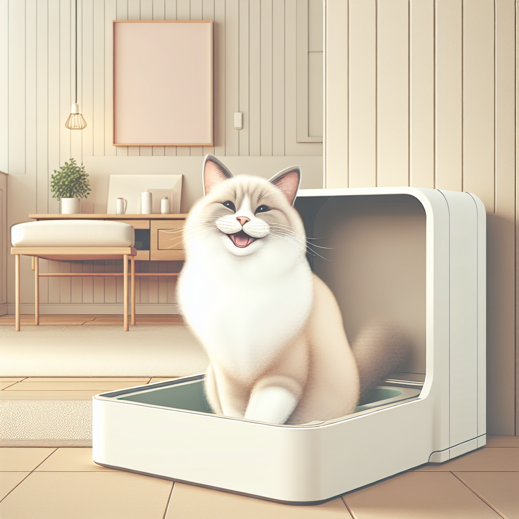 Chat tigré utilisant confortablement un bac à litière couvert moderne dans un intérieur chaleureux et propre