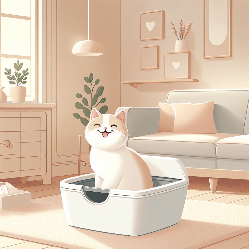 Chat tigré utilisant une litière automatique moderne dans un intérieur contemporain et lumineux