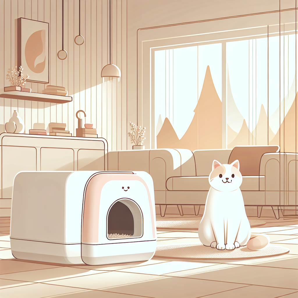 Chat curieux découvrant une litière automatique moderne dans un intérieur contemporain français