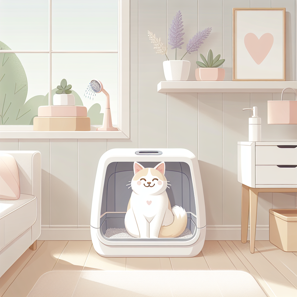 Chat tigré utilisant une litière automatique moderne dans un intérieur contemporain et lumineux