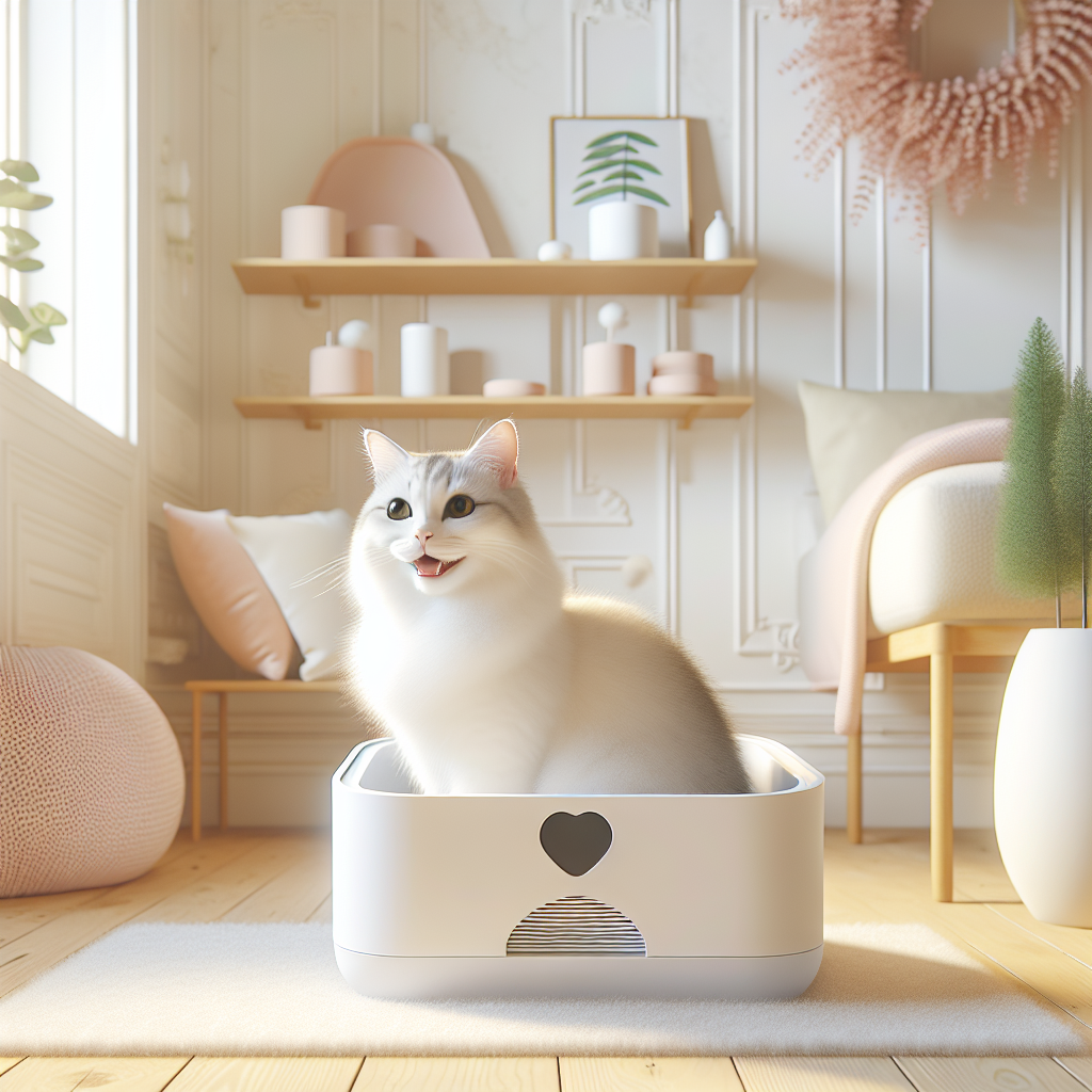 Chat curieux explorant une litière automatique moderne dans un intérieur chaleureux