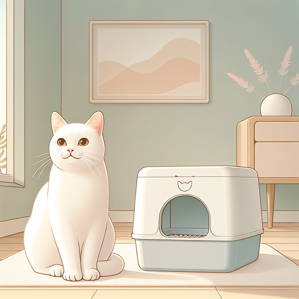 Chat utilisant une litière automatique moderne dans un intérieur contemporain et propre