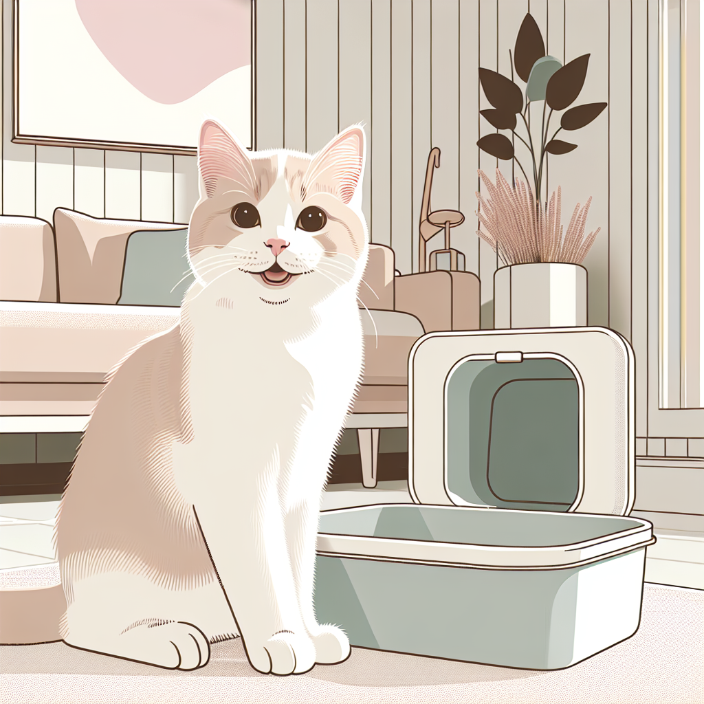 Chat tigré utilisant une litière automatique moderne dans un intérieur contemporain et lumineux