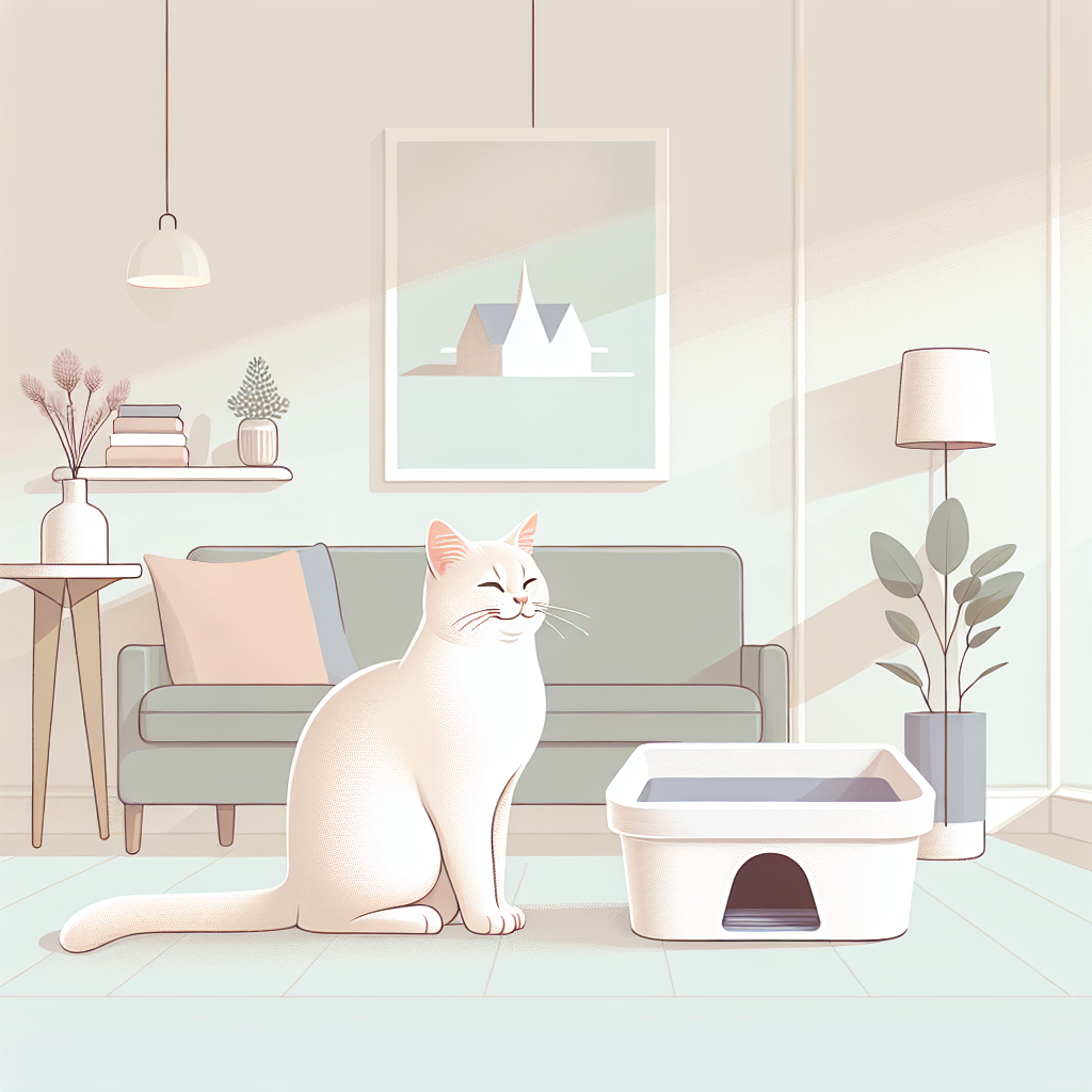Chat gris utilisant une litière automatique moderne dans un intérieur épuré, symbolisant la propreté et le confort domestique