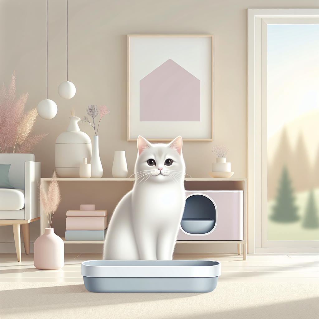Chat serein près de sa litière automatique moderne dans un salon lumineux et parfaitement propre