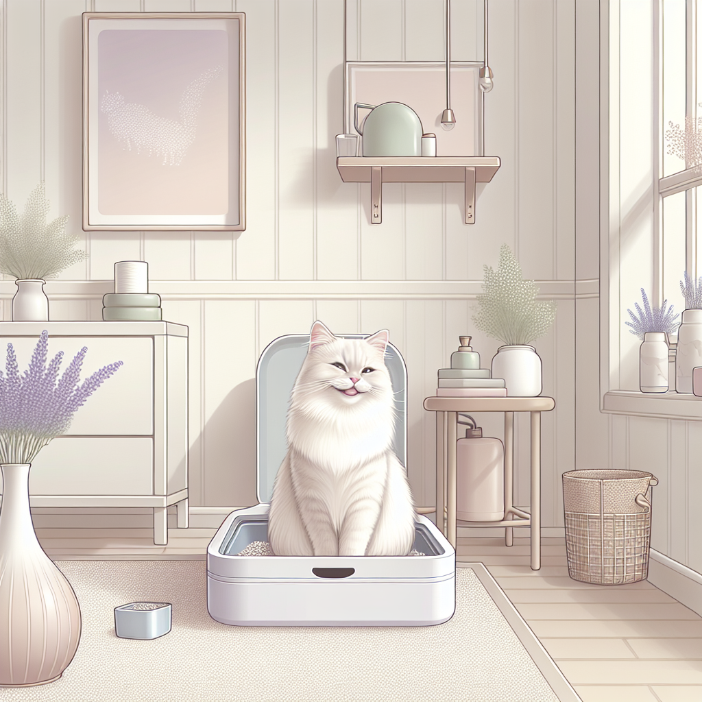 Chat tigré utilisant une litière automatique moderne dans un intérieur lumineux et propre