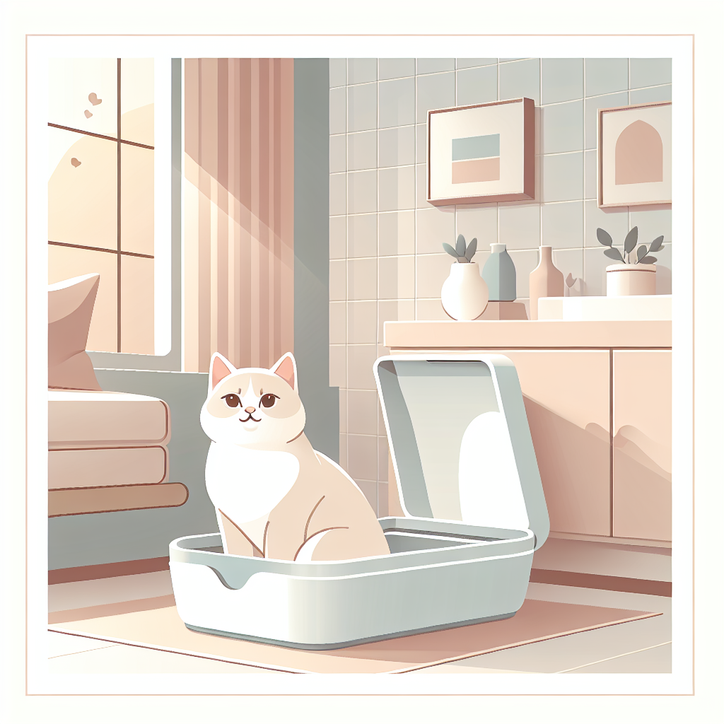 Chat gris utilisant une litière automatique moderne dans un intérieur épuré et lumineux, illustrant le confort et la propreté