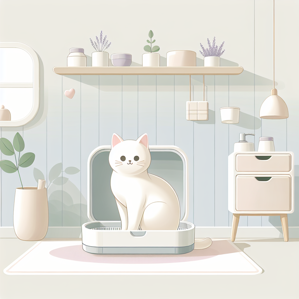 Chat gris regardant curieusement sa litière automatique moderne dans un intérieur lumineux et propre