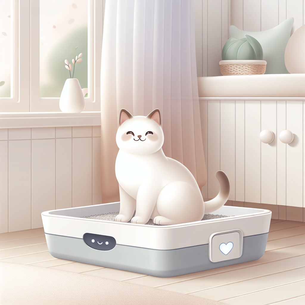 Chat tigré utilisant une litière automatique moderne dans un appartement lumineux et propre