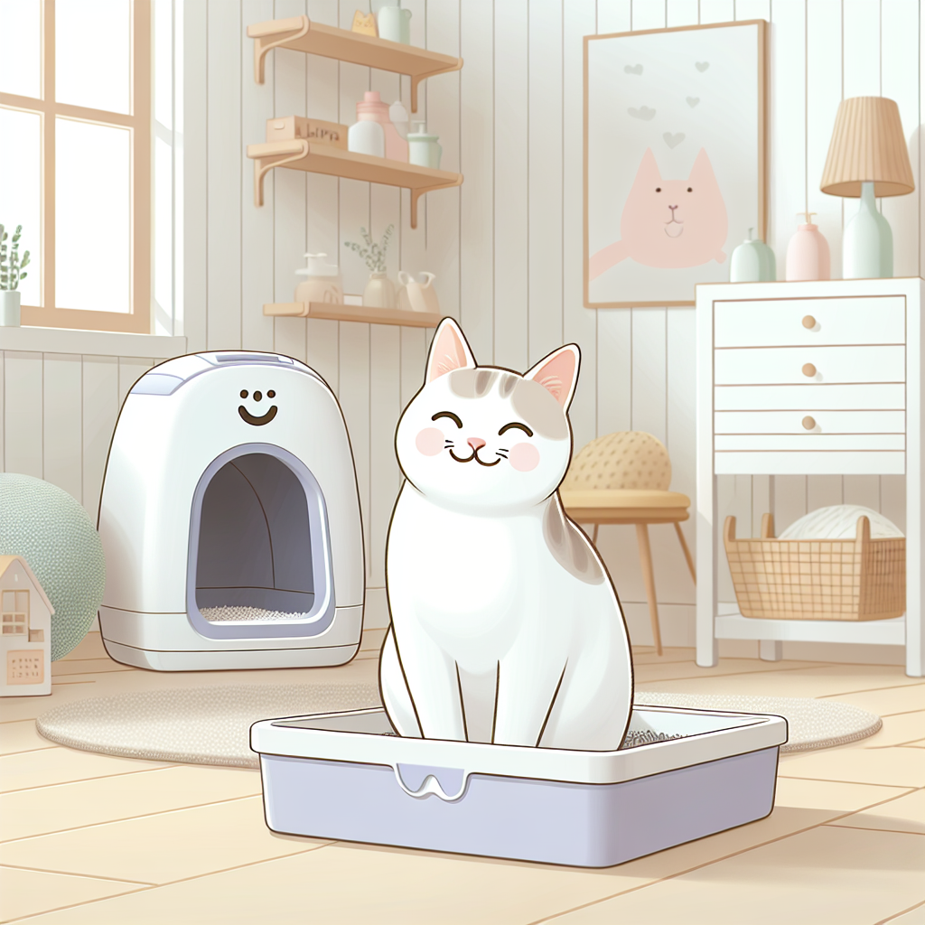 Chat tigré en bonne santé près de sa litière automatique moderne dans un intérieur chaleureux