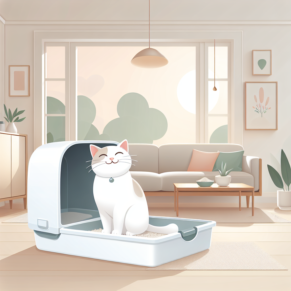 Chat curieux découvrant une litière automatique moderne dans un intérieur chaleureux et propre