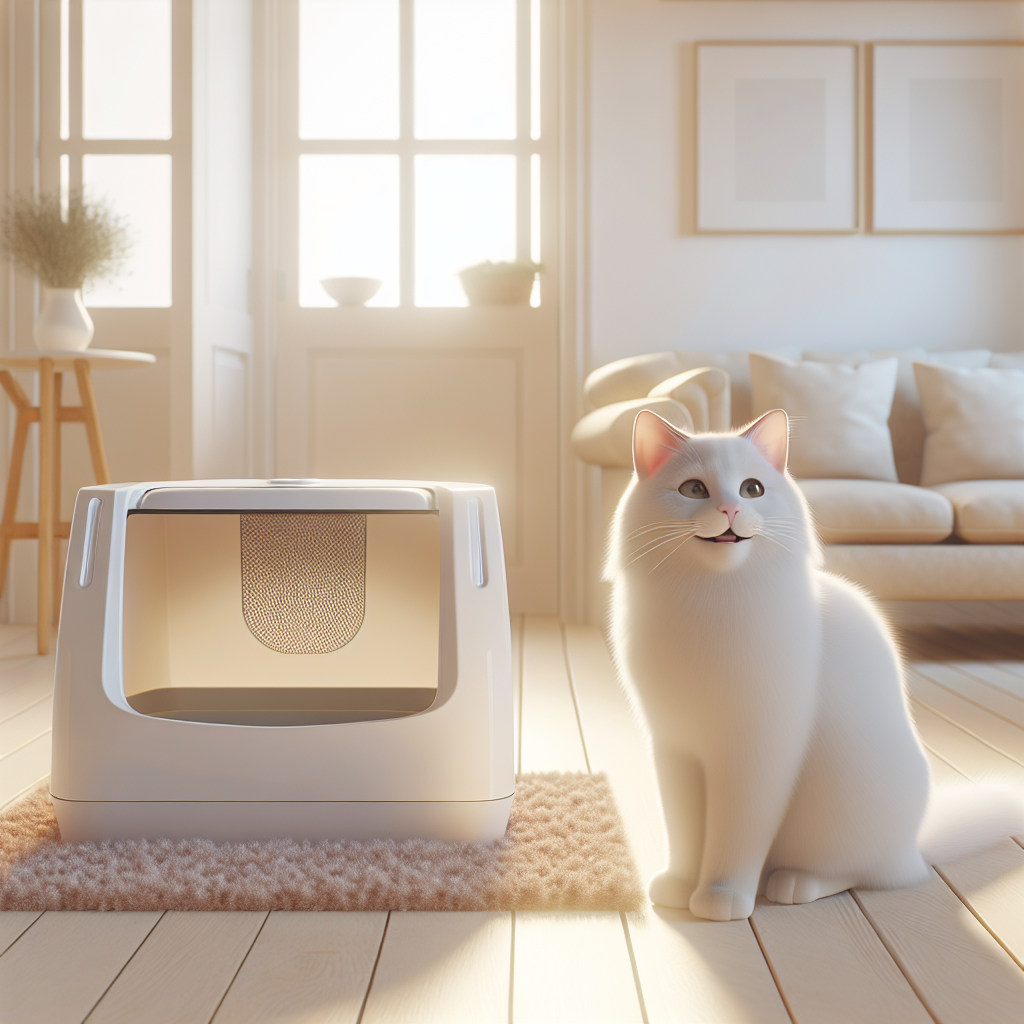 Chat utilisant une litière automatique moderne dans un intérieur propre et sans odeurs désagréables