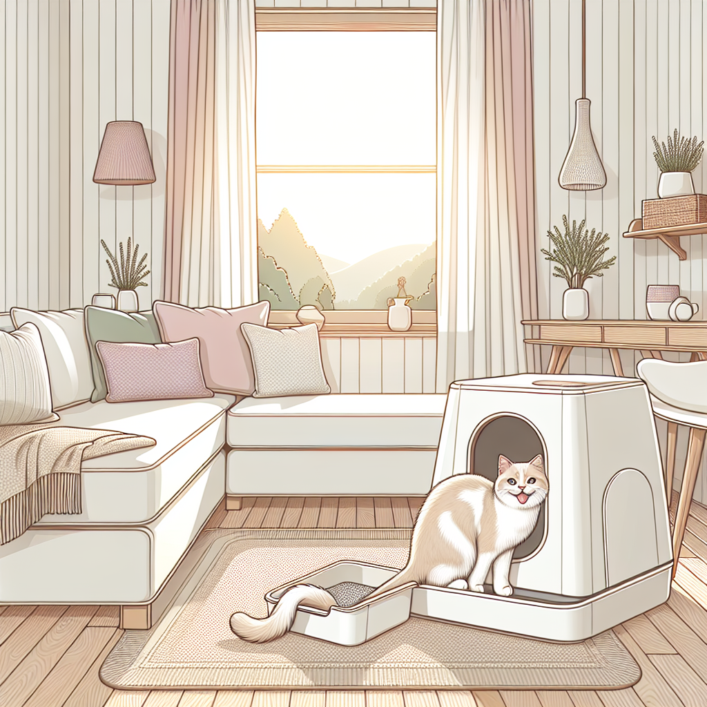 Chat tigré paisible dormant confortablement la nuit près de sa litière automatique dans un intérieur moderne et serein