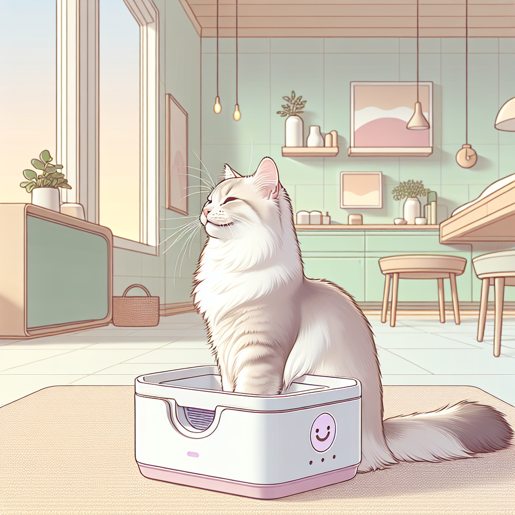Chat tigré utilisant paisiblement sa litière automatique dans un intérieur moderne et lumineux