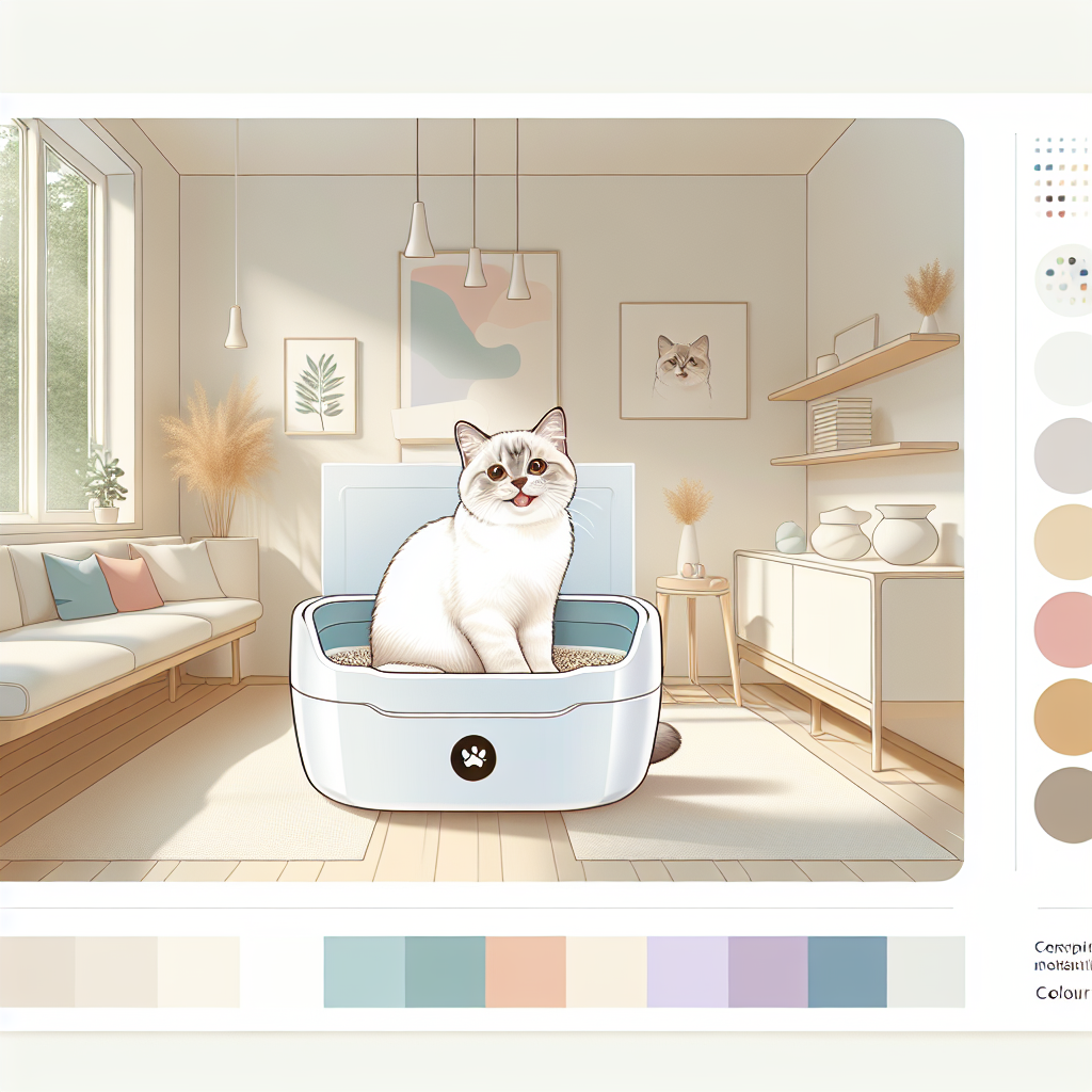 Chat tigré utilisant une litière automatique moderne dans un intérieur épuré et lumineux