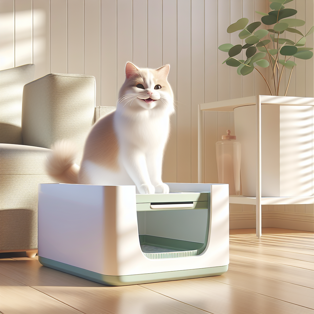 Chat serein dans une maison moderne avec litière automatique, ambiance propre et sans odeurs désagréables