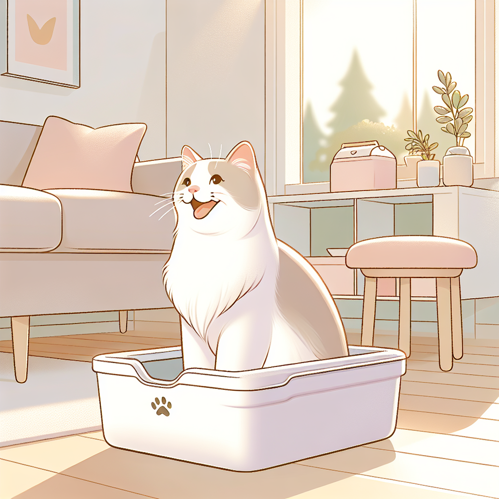 Chat tigré mangeant ses croquettes près d'une litière automatique moderne dans un intérieur lumineux et propre