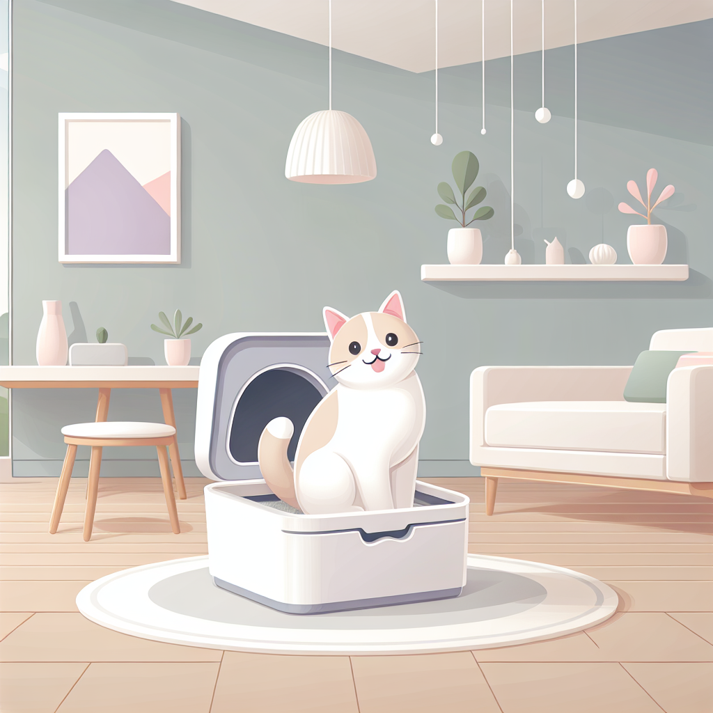 Chat tigré utilisant une litière automatique moderne dans un intérieur lumineux et propre