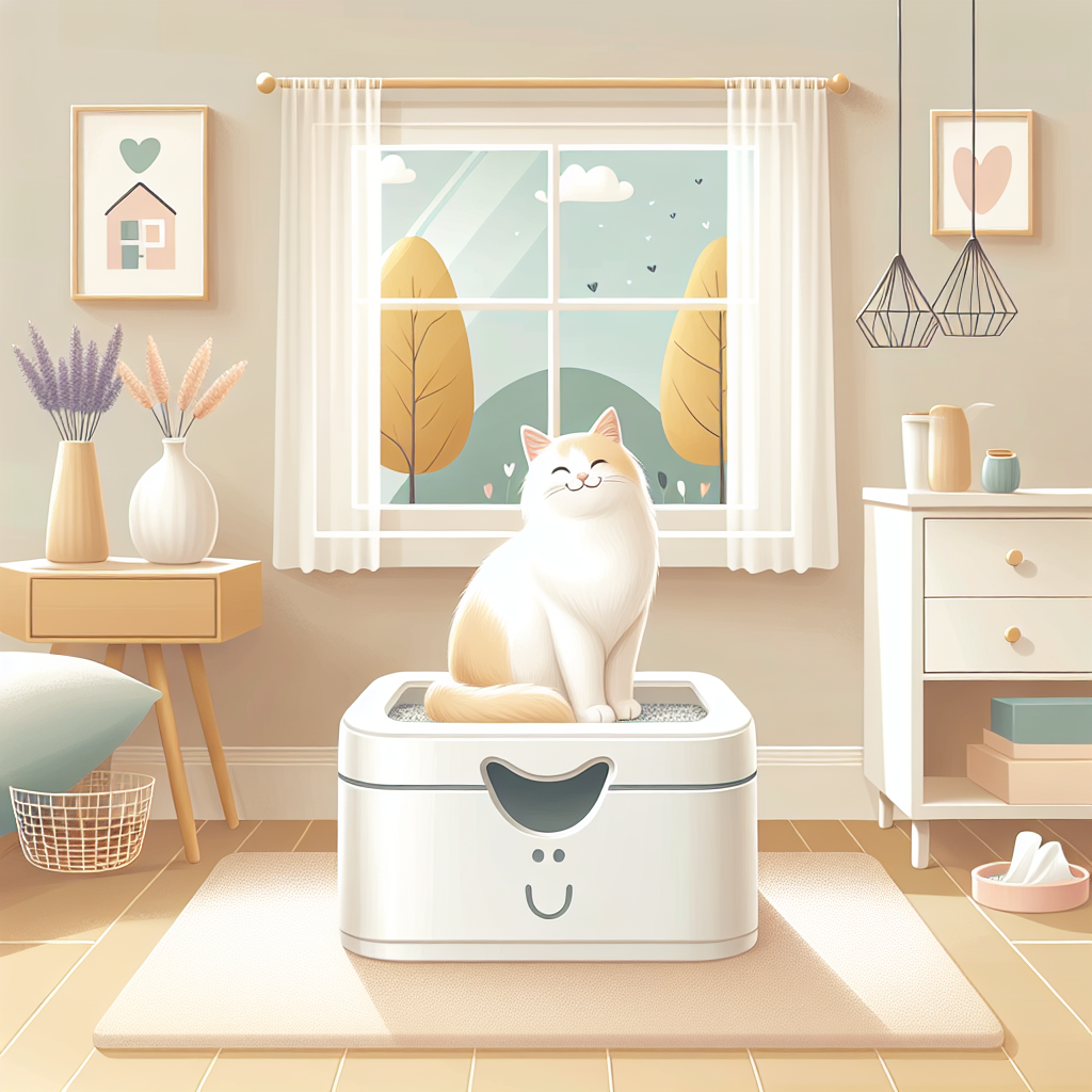 Chat tigré utilisant une litière automatique moderne dans un intérieur contemporain et lumineux