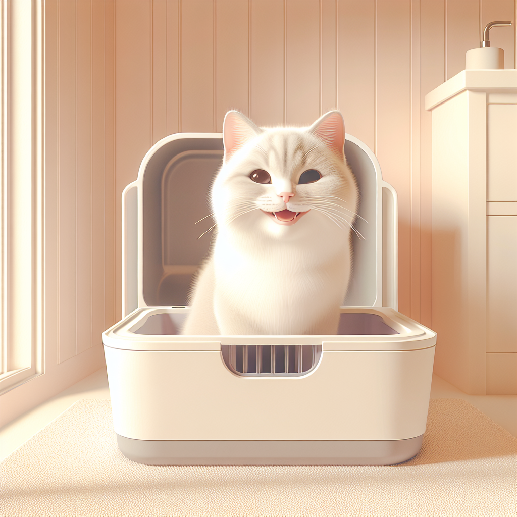 Chat élégant près d'une litière automatique moderne dans un intérieur contemporain, illustrant le confort et l'hygiène optimale