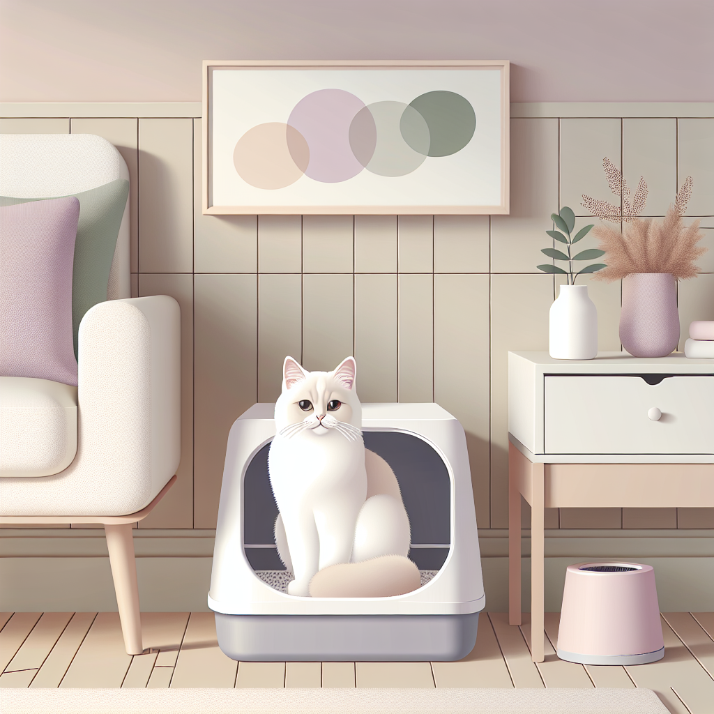 Chat tigré utilisant sereinement une litière automatique moderne dans un intérieur contemporain et lumineux