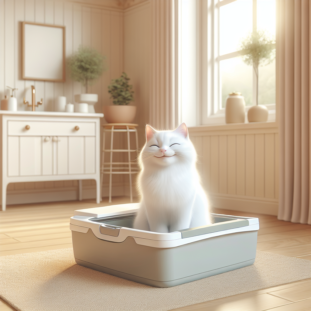 Chat tigré utilisant une litière automatique moderne dans un intérieur contemporain et lumineux