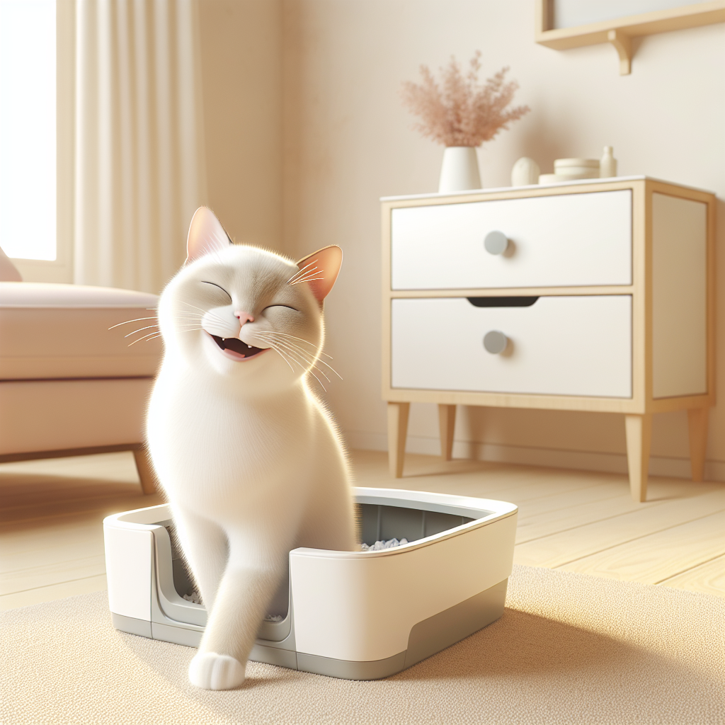 Chat tigré mangeant ses croquettes dans un bol moderne, avec une litière automatique élégante en arrière-plan dans un intérieur contemporain