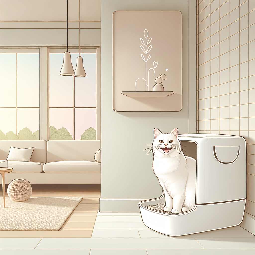 Chat tigré utilisant une litière automatique moderne dans un intérieur contemporain et propre