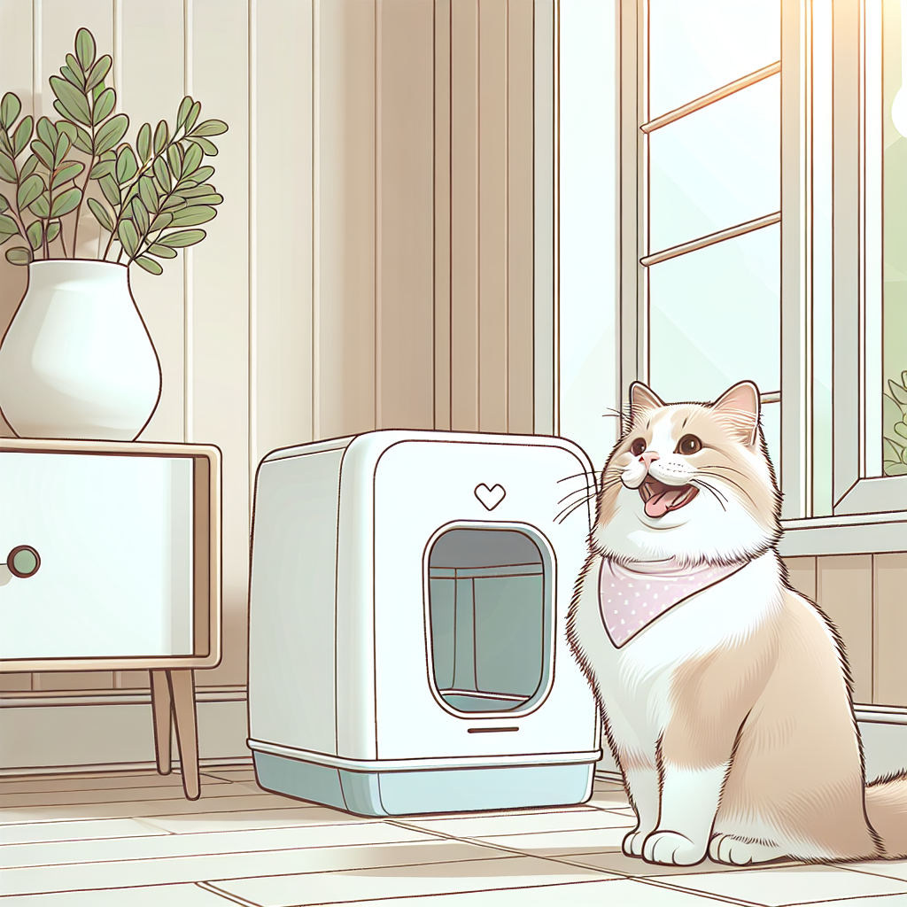 Chat gris utilisant une litière automatique premium moderne dans un intérieur contemporain