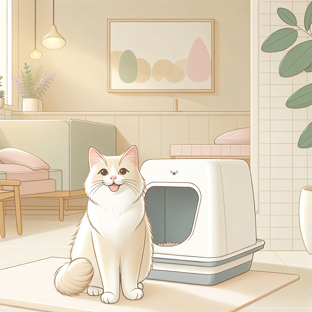 Chat curieux explorant une litière automatique moderne dans un intérieur épuré et lumineux