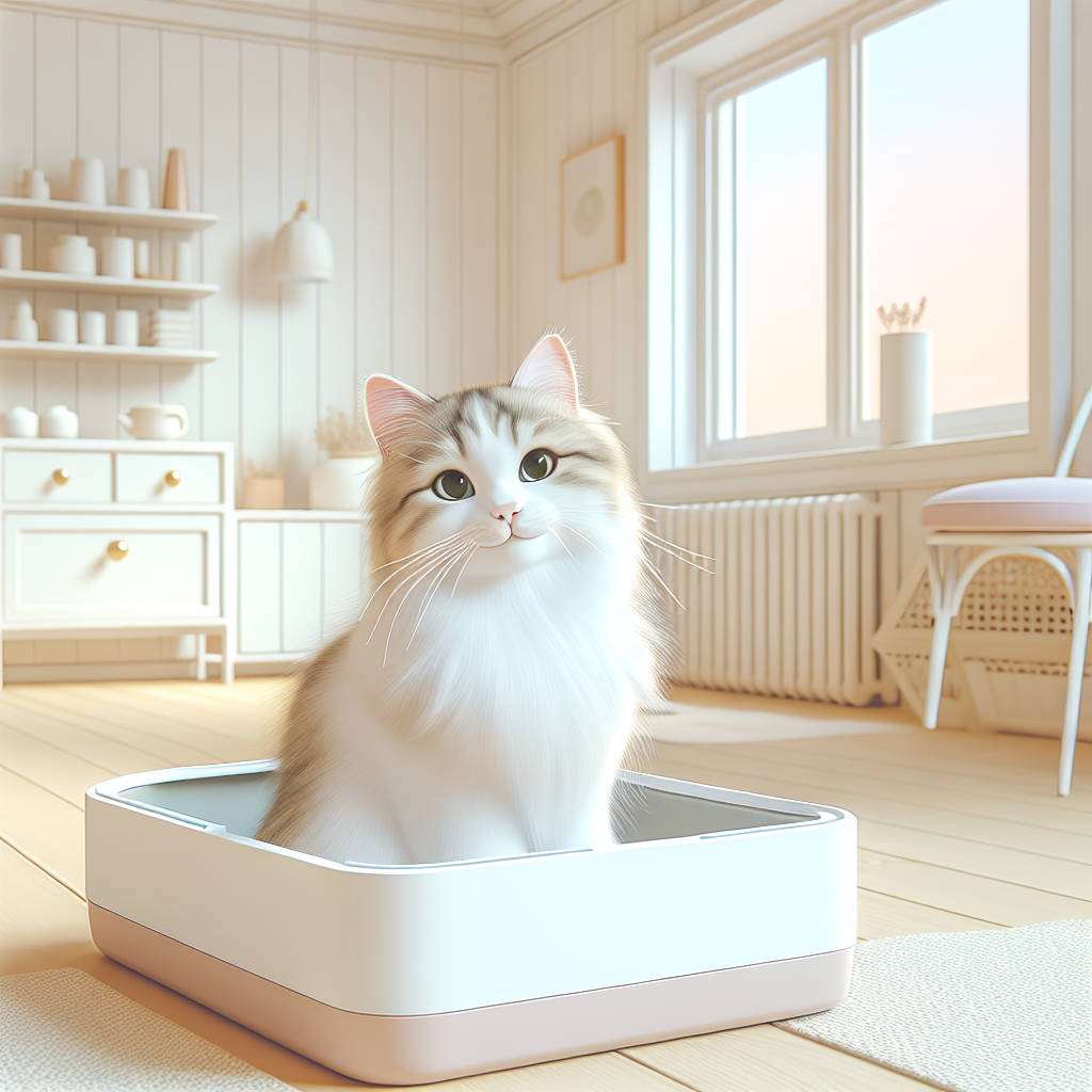 Chat tigré utilisant une litière automatique moderne dans un intérieur contemporain et lumineux