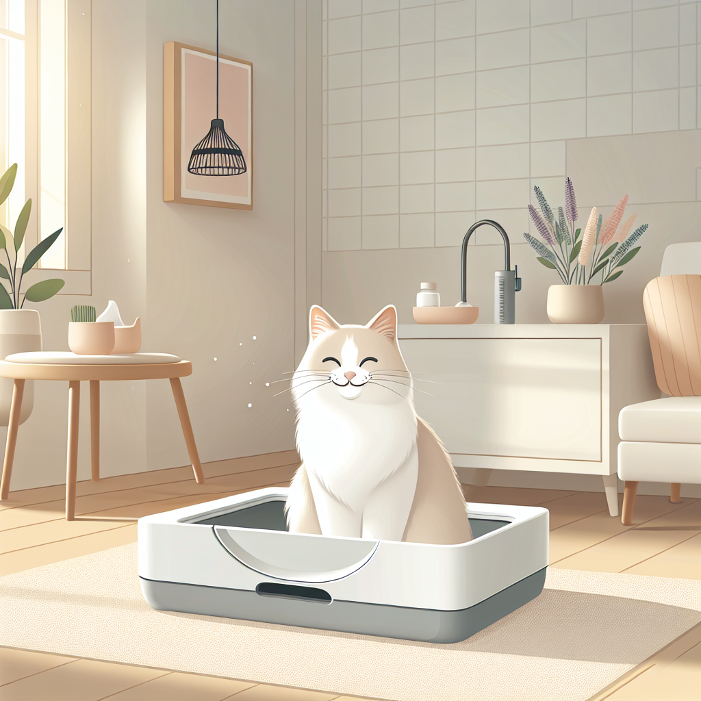 Chat en bonne santé près de sa litière automatique moderne, illustrant l'importance des probiotiques pour la digestion féline