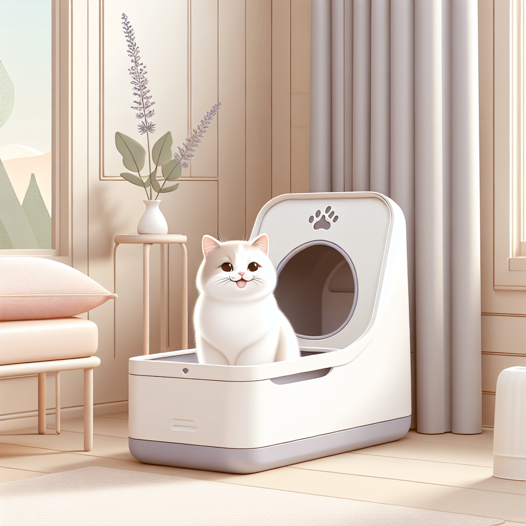 Chat tigré utilisant une litière automatique moderne dans un intérieur contemporain et lumineux
