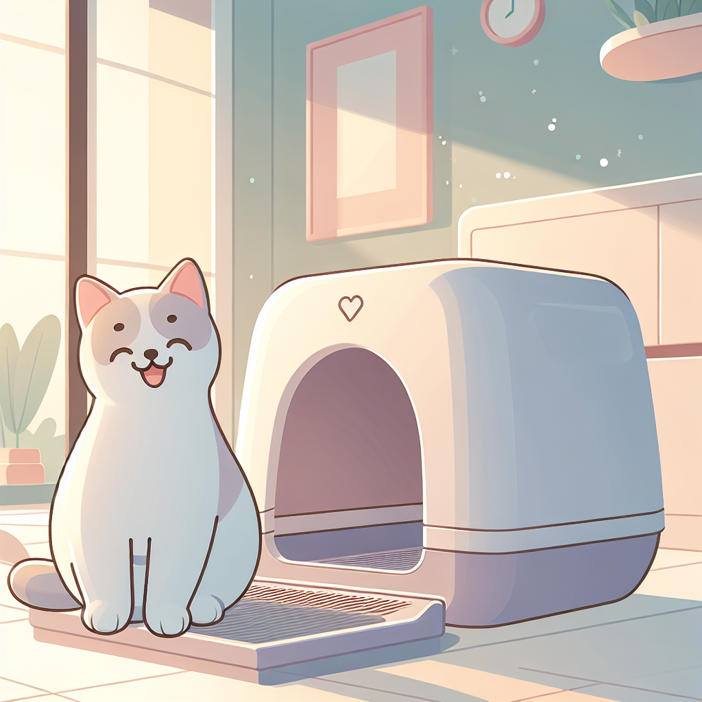 Chat élégant sortant d'un bac à litière automatique moderne et discret dans un intérieur contemporain