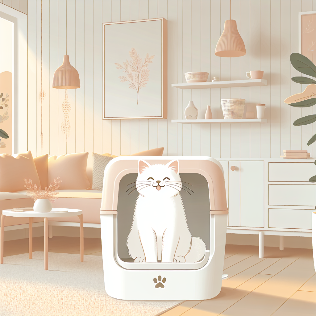 Chat tigré utilisant une litière automatique moderne dans un intérieur contemporain et lumineux